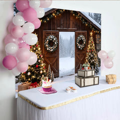 Lofaris Rustikaler Weihnachts-Hintergrund mit beleuchteten Weihnachtsbäumen, winterliche Kulisse für festliche Familienfotos und Events