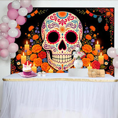Lofaris Leuchtender Dia de los Muertos Zuckerschädel Hintergrund mit Blumen und Kerzen, farbenfrohe mexikanische Kulisse für Fotostudio
