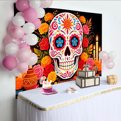 Lofaris Bunter Día de los Muertos Hintergrund mit Zuckerschädel und Blumen, festliche Fotowand für mexikanische Feierlichkeiten