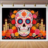 Lofaris Bunter Día de los Muertos Hintergrund mit Zuckerschädel und Blumen, festliche Fotowand für mexikanische Feierlichkeiten