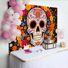 Lofaris Bunter Zuckerschädel Hintergrund für Día de los Muertos Feier, lebendige Fotokulisse mit Blumen und Mustern für mexikanische Feste