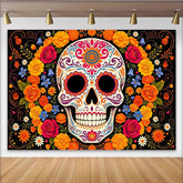 Lofaris Bunter Zuckerschädel Hintergrund für Día de los Muertos Feier, lebendige Fotokulisse mit Blumen und Mustern für mexikanische Feste