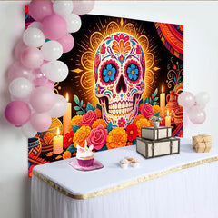 Lofaris Bunter Día de los Muertos Zuckerschädel Hintergrund mit Blumen und Kerzen, festliche mexikanische Kulisse für Party und Fotografie