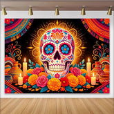 Lofaris Bunter Día de los Muertos Zuckerschädel Hintergrund mit Blumen und Kerzen, festliche mexikanische Kulisse für Party und Fotografie