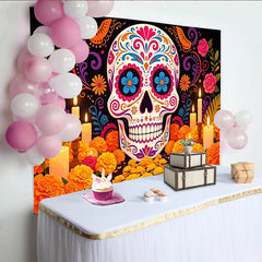 Lofaris Bunter Día de los Muertos Hintergrund mit Zuckerschädel und Kerzen, festliche mexikanische Kulisse für Fotoshootings