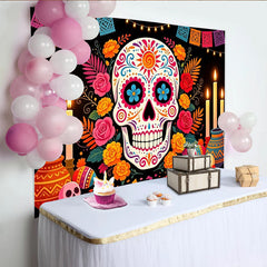 Lofaris Bunter Dia de los Muertos Hintergrund mit Zuckerschädel und Blumen, festliche mexikanische Fotowand für Partydekoration