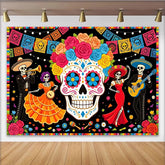Lofaris Farbenfroher Dia de los Muertos Hintergrund mit Zuckerschädel und Skeletten, festliche mexikanische Fiesta Fotowand für Party