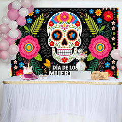 Lofaris Bunter Día de los Muertos Hintergrund mit Zuckerschädel und Blumen, festliche mexikanische Fotowand für Partys und Events