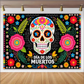Lofaris Bunter Día de los Muertos Hintergrund mit Zuckerschädel und Blumen, festliche mexikanische Fotowand für Partys und Events