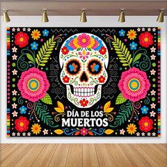Lofaris Bunter Día de los Muertos Hintergrund mit Zuckerschädel und Blumen, festliche mexikanische Fotowand für Partys und Events