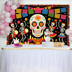 Lofaris Bunter Dia de los Muertos Fiestahintergrund mit Zuckerschädel, leuchtende Kulisse für festliche Partydekoration und Fotoshootings
