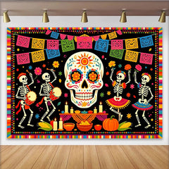 Lofaris Bunter Dia de los Muertos Fiestahintergrund mit Zuckerschädel, leuchtende Kulisse für festliche Partydekoration und Fotoshootings