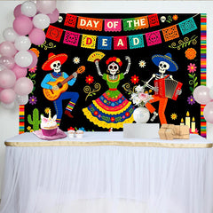 Lofaris Farbenfroher Dia de los Muertos Hintergrund mit tanzenden Skeletten und Blumen, festliche Fotowand für mexikanische Partys