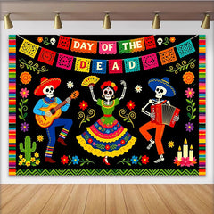 Lofaris Farbenfroher Dia de los Muertos Hintergrund mit tanzenden Skeletten und Blumen, festliche Fotowand für mexikanische Partys