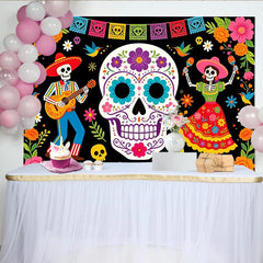Lofaris Bunter Día de los Muertos Hintergrund mit tanzenden Skeletten, festliche Fotowand für mexikanische Partydekoration
