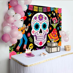 Lofaris Bunter Día de los Muertos Hintergrund mit tanzenden Skeletten, festliche Fotowand für mexikanische Partydekoration