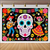 Lofaris Bunter Día de los Muertos Hintergrund mit tanzenden Skeletten, festliche Fotowand für mexikanische Partydekoration