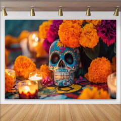 Lofaris Bunter Día de Muertos Hintergrund mit Zuckerschädel und Ringelblumen, festliche Kulisse für mexikanische Feierlichkeiten und Dekoration