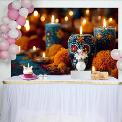 Lofaris Día de Muertos Hintergrund mit Totenkopfkerze und Blumen, farbenfrohe Kulisse für mexikanische Feierlichkeiten und Fotoshootings