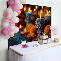 Lofaris Día de Muertos Hintergrund mit Totenkopfkerze und Blumen, farbenfrohe Kulisse für mexikanische Feierlichkeiten und Fotoshootings