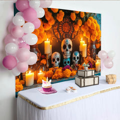 Lofaris Leuchtender Mexikanischer Totenfest-Hintergrund mit Zuckerschädeln und Ringelblumen, festliche Fotokulisse für Partydekoration