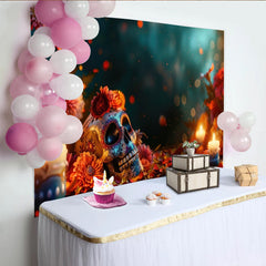 Lofaris Bunter Dia de los Muertos Hintergrund mit Zuckerschädel und Blumen, festliche Fotowand für mexikanische Feier und Fotoshooting