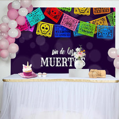 Lofaris Bunter Dia de los Muertos Hintergrund mit Papel Picado Totenköpfen, festliche Kulisse für mexikanische Feiern und Partydekoration