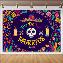 Lofaris Farbenfroher Dia de los Muertos Hintergrund mit Totenkopf und Sombrero, festliche Fotokulisse für mexikanische Feiern und Partys