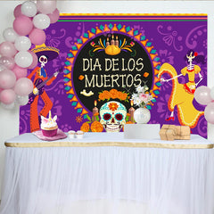 Lofaris Lila Dia de los Muertos Hintergrund mit Skeletten und Ringelblumen, festliche Fotowand für Feierlichkeiten und Fotoshootings
