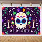 Lofaris Bunter Día de Muertos Hintergrund mit Zuckerschädel und Blumen, festliche Kulisse für mexikanische Feierlichkeiten und Fotoshootings
