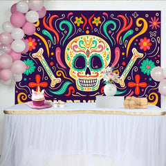 Lofaris Bunter Tag der Toten Hintergrund mit Zuckerschädel und Blumen, mexikanische Festdekoration für Feiern und Fotoshootings