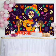 Lofaris Bunter Día de Muertos Hintergrund mit Skelett und Sombrero, festliche mexikanische Fotowand für Feierlichkeiten