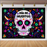 Lofaris Farbenfroher Día de Muertos Hintergrund mit Zuckerschädel und Blumen, festliche Fotowand für mexikanische Feier und Fotoshooting