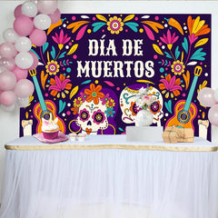 Lofaris Farbenfroher Día de Muertos Hintergrund mit Zuckerschädeln und Gitarren, mexikanische Partydekoration für festliche Fotografie