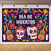 Lofaris Farbenfroher Día de Muertos Hintergrund mit Zuckerschädeln und Gitarren, mexikanische Partydekoration für festliche Fotografie