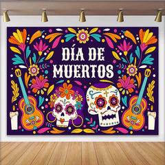 Lofaris Farbenfroher Día de Muertos Hintergrund mit Zuckerschädeln und Gitarren, mexikanische Partydekoration für festliche Fotografie
