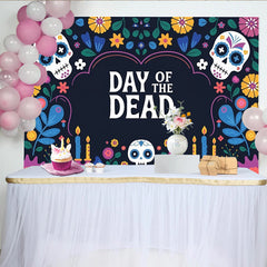 Lofaris Bunter Día de los Muertos Hintergrund mit Zuckerschädeln und Blumen, farbenfrohe Kulisse für mexikanische Festlichkeiten