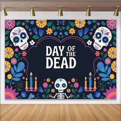 Lofaris Bunter Día de los Muertos Hintergrund mit Zuckerschädeln und Blumen, farbenfrohe Kulisse für mexikanische Festlichkeiten