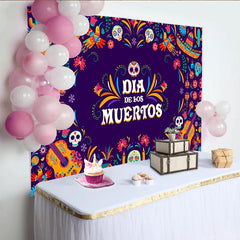 Lofaris Bunter Día de los Muertos Hintergrund mit Zuckerschädeln und Gitarren, festliche mexikanische Fotowand für Feierlichkeiten und Partys
