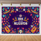 Lofaris Bunter Día de los Muertos Hintergrund mit Zuckerschädeln und Gitarren, festliche mexikanische Fotowand für Feierlichkeiten und Partys