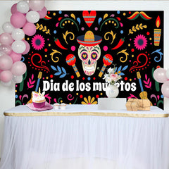 Lofaris Farbenfroher Día de los Muertos Hintergrund mit Zuckerschädel und Maracas, festliche mexikanische Fotowand für Party Dekoration
