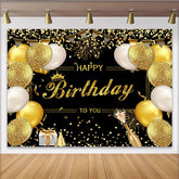 Lofaris Eleganter Schwarz-Gold Geburtstagshintergrund mit glitzernden Ballons und Krone, festliche Partydekoration