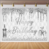 Lofaris Silber Glitzer Geburtstagshintergrund Happy Birthday Schriftzug, elegante Fotowand für festliche Anlässe und Partydekoration