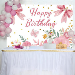 Lofaris Rosa Happy Birthday Fotohintergrund für Mädchen mit Blumen und Schleifen, glitzernde Partykulisse für Fotoshootings