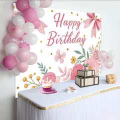 Lofaris Rosa Happy Birthday Fotohintergrund für Mädchen mit Blumen und Schleifen, glitzernde Partykulisse für Fotoshootings