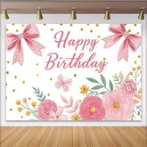 Lofaris Rosa Happy Birthday Fotohintergrund für Mädchen mit Blumen und Schleifen, glitzernde Partykulisse für Fotoshootings