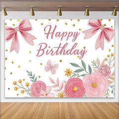 Lofaris Rosa Happy Birthday Fotohintergrund für Mädchen mit Blumen und Schleifen, glitzernde Partykulisse für Fotoshootings