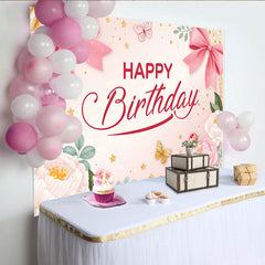 Lofaris Rosa Happy Birthday Hintergrund für Mädchen mit Blumen und goldenen Sternen, elegante Partydekoration für Fotoshooting und Feier