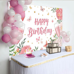 Lofaris Rosa Happy Birthday Hintergrund mit Blumen und Schmetterlingen, elegante Fotowand für Mädchen und festliche Partydekoration