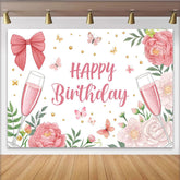 Lofaris Rosa Happy Birthday Hintergrund mit Blumen und Schmetterlingen, elegante Fotowand für Mädchen und festliche Partydekoration